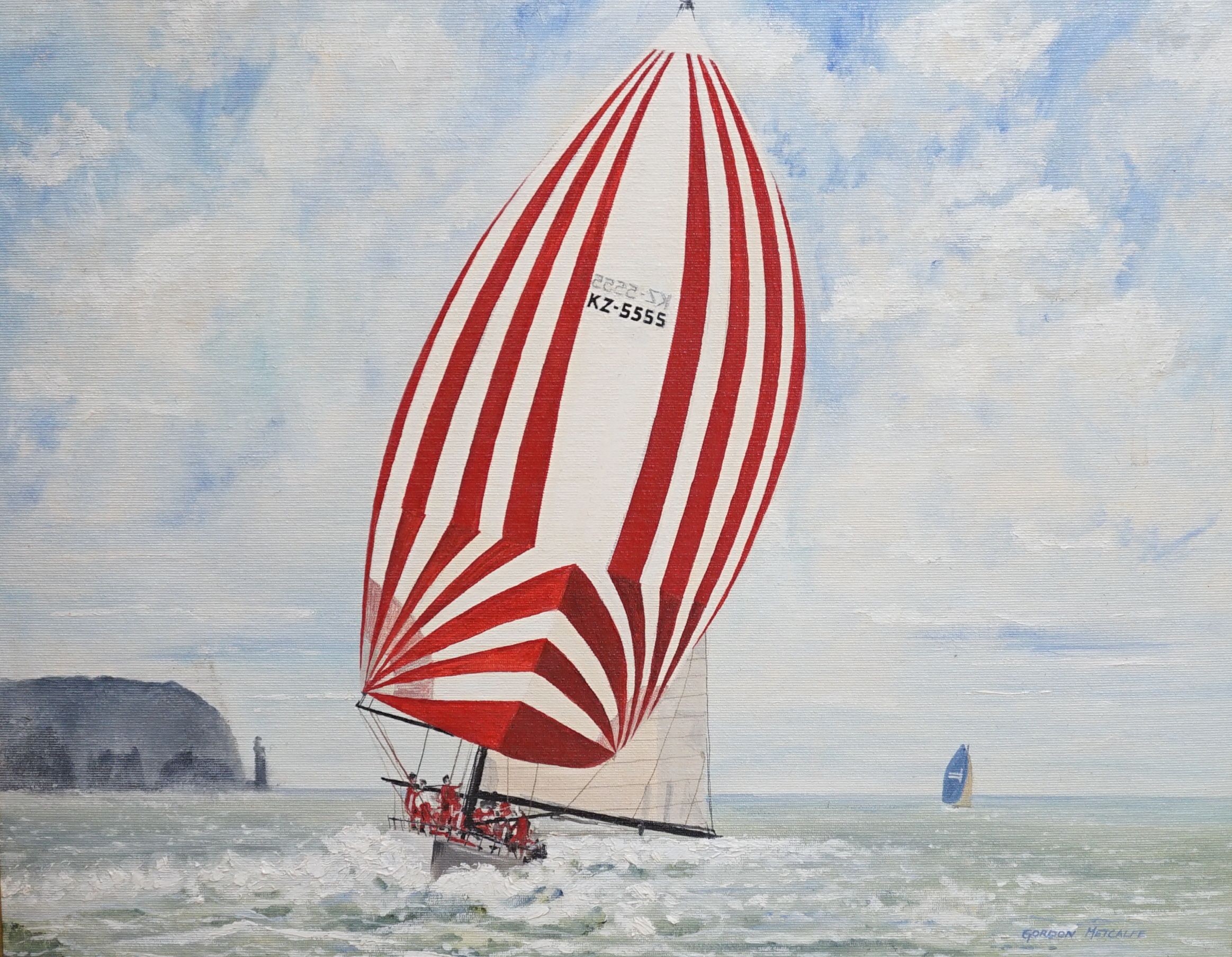 Gordon Metcalfe, oil on board, racing yacht off the Needles, 39.5 cm x 49.5 cm